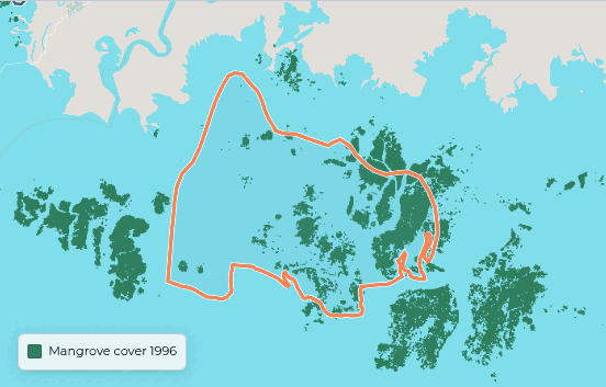 Animated map of Keti Bunder South, Pakistan, showing mangrove cover in 1996 and 2020 and the change between the two years