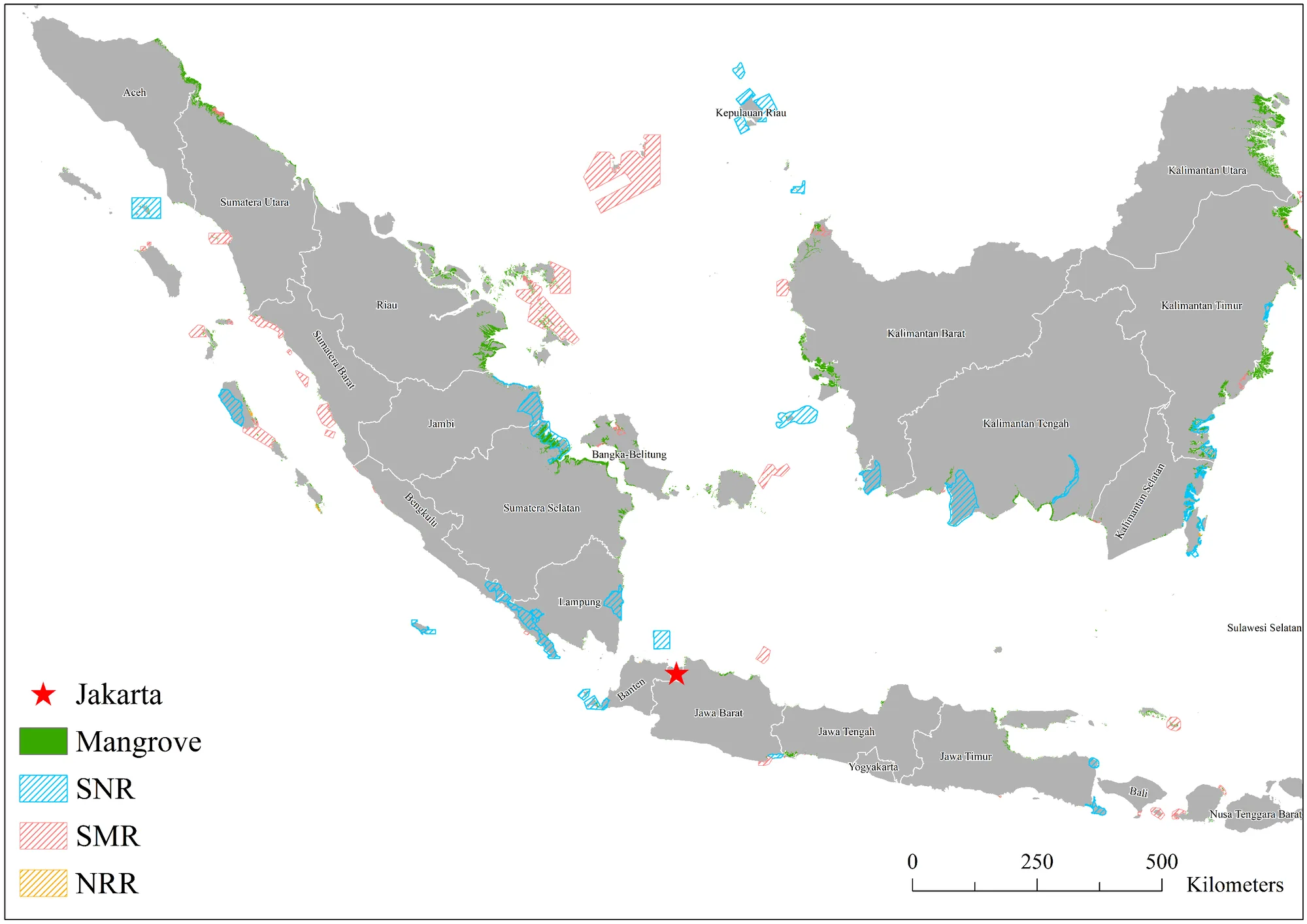 Map of western Indonesia showing mangrove distribution in green along the coasts of Sumatra, Java, Bali and Kalimantan, overlaid with hatched protected area polygons: blue for Strict Nature Reserves, red for Species Management Reserves and yellow for Not Reported Reserves.