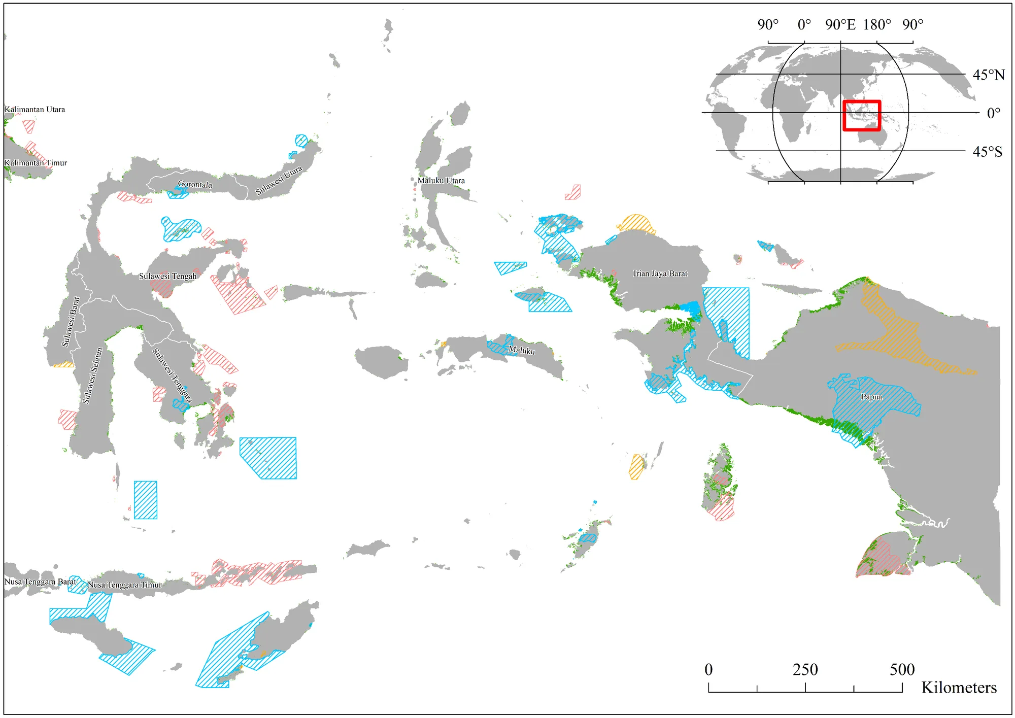Map of eastern Indonesia showing mangrove distribution in green across Sulawesi, Maluku, Nusa Tenggara and Papua, overlaid with hatched protected area polygons: blue for Strict Nature Reserves, red for Species Management Reserves and yellow for Not Reported Reserves.