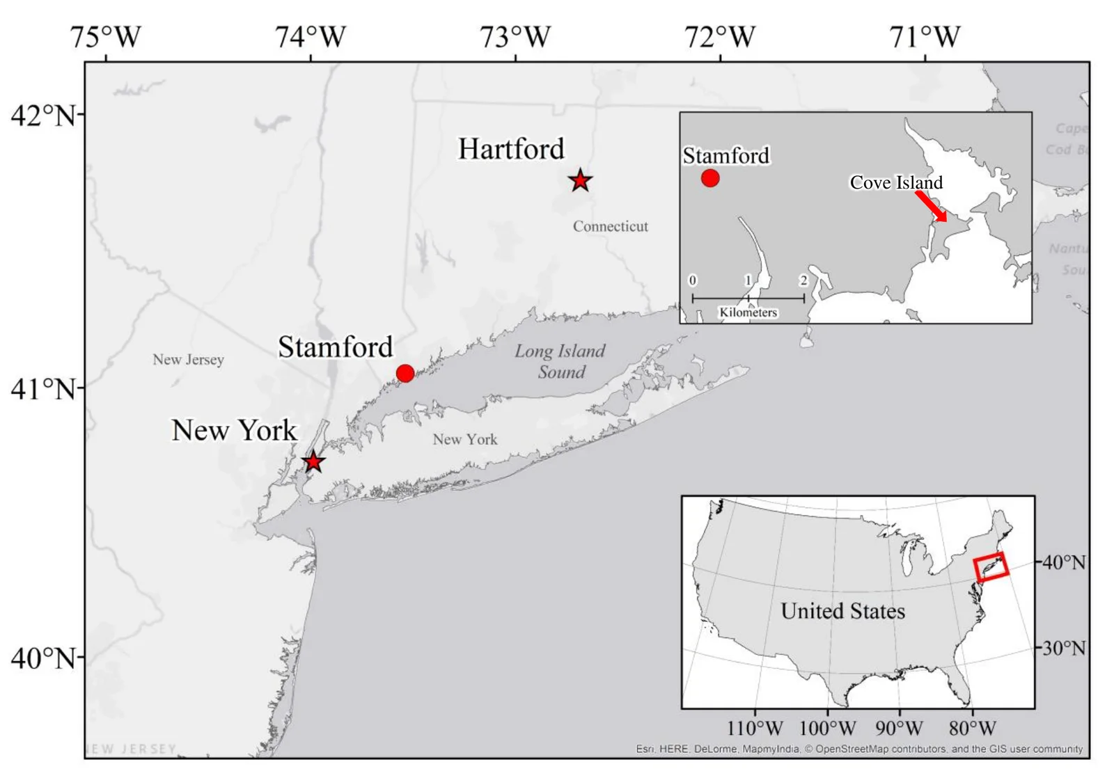 Map of Long Island Sound between Connecticut and Long Island, with the hatchery site arrowed at Cove Island near Stamford.