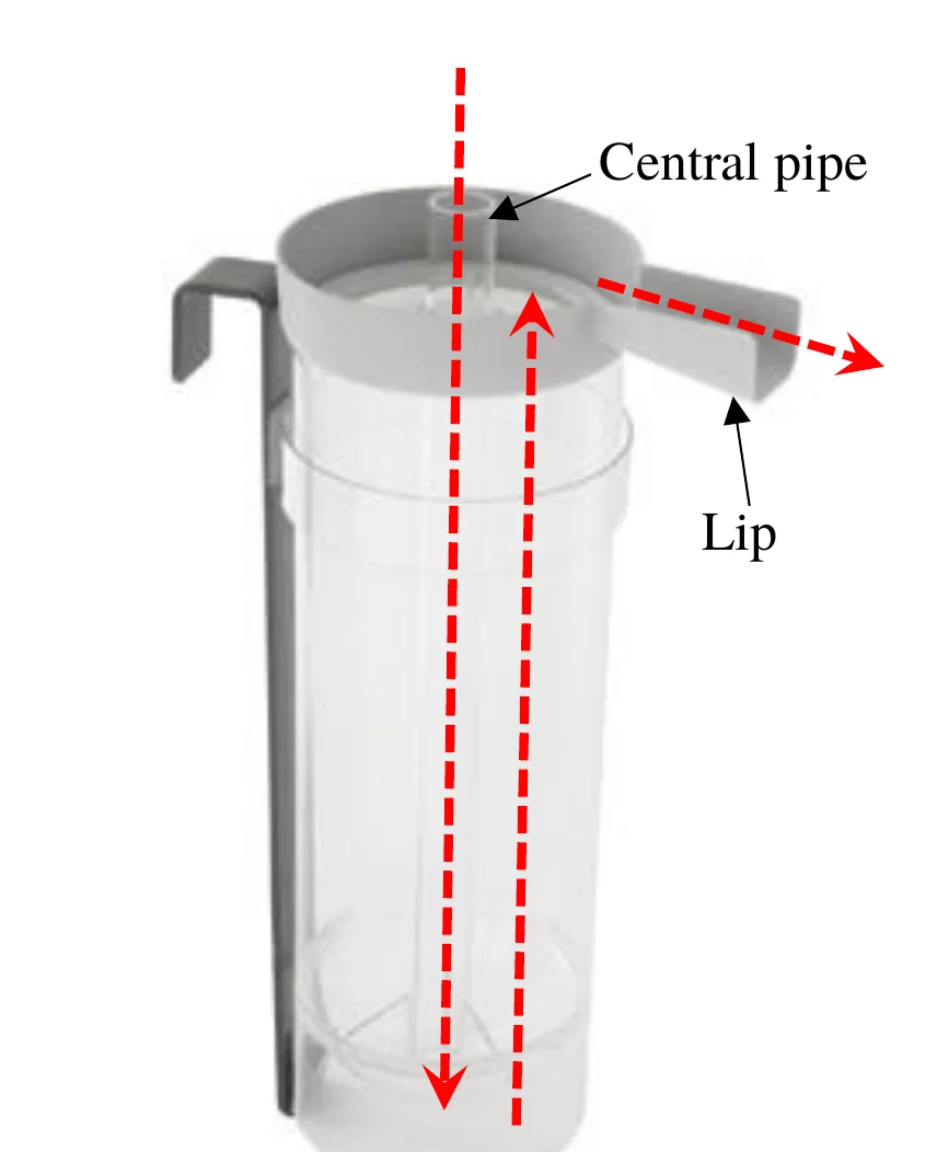 Photograph of a transparent cylindrical McDonald-type hatching jar with a central inflow pipe and an overflow lip.